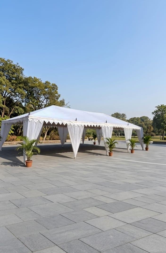 Swiss Cottage Umbrella garden setup